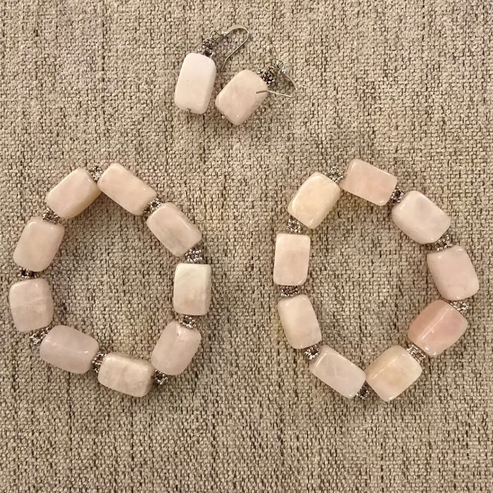 Elegant Authentic Rose Quartz Bracelet Set And Earrings